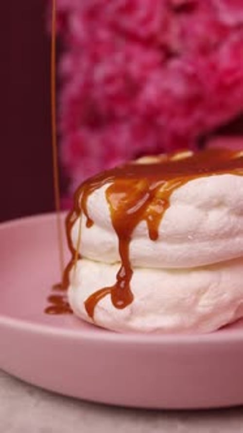 Caramel Sauce Topped Fluffy Pancake Stack Close Up