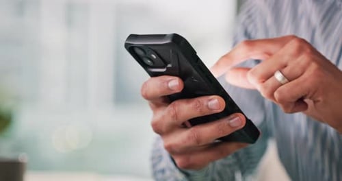 Hands, phone and text message with business person in office for communication, scrolling or update