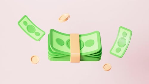 Cartoon paper bills stack, flying banknotes, 3d rendering.