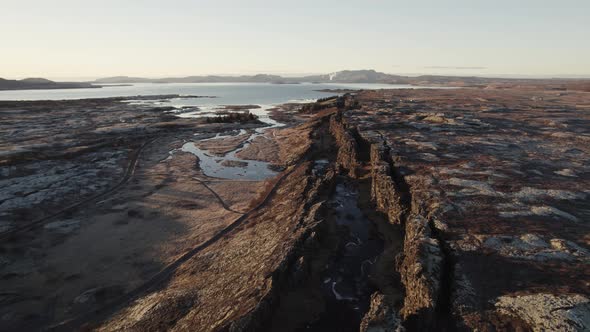 Vast volcanic landscape, inhospitable terrain in Iceland, aerial dolly ...