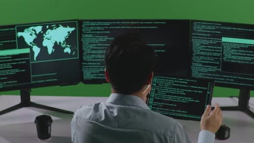 Asian Man Working With Tablet While Write Code With Multiple Computer Screens In Green Screen
