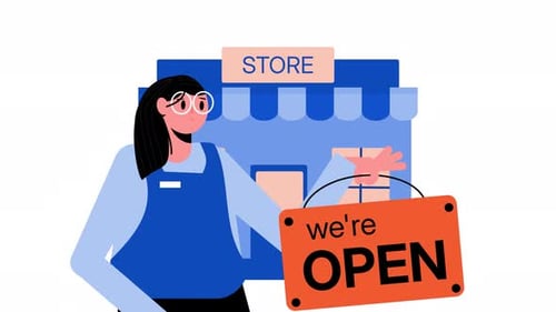 Flat Design Animation of a Store Opening with 'We're Open' Sign