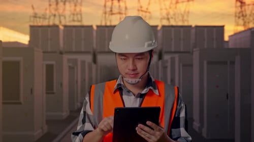 Front View of Asian Male Engineer Use Tablet While Walking with Electrical Energy