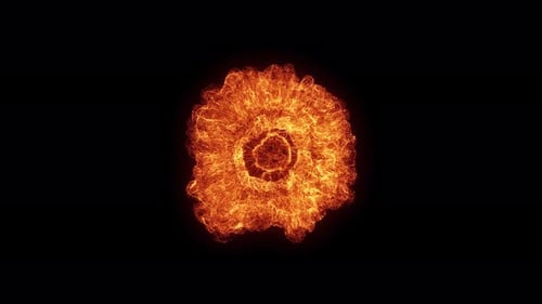 Fiery ember particle explosion bursts and dissipates on a dark background