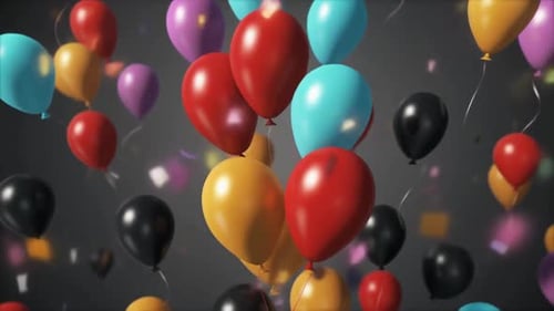 Colorful Festive Balloons Floating with Falling Confetti