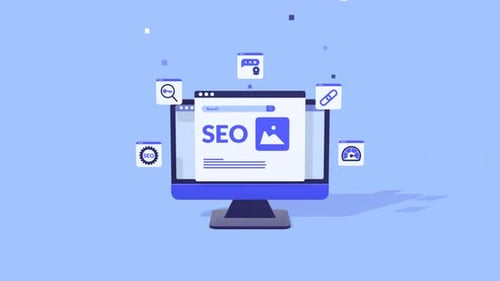 SEO Concepts and Digital Marketing Icons Animated on Desktop