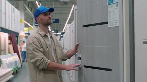 A Young Man Chooses Interroom Door in the Hardware Store