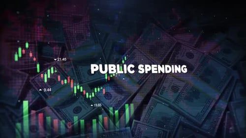 Public Spending Words On Economic Background With Decrease Bar Chart Graph And Arrow