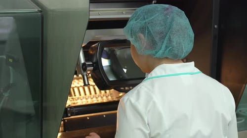 Woman in Lab Coat Working with Machine