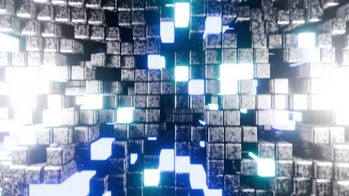 Graue Wand mit Würfeln mit cyanfarbenen und blauen Neonlichtern VJ Seamless Loop Hintergrund