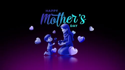 Happy Mother's Day Animated Card with 3D Mom and Child