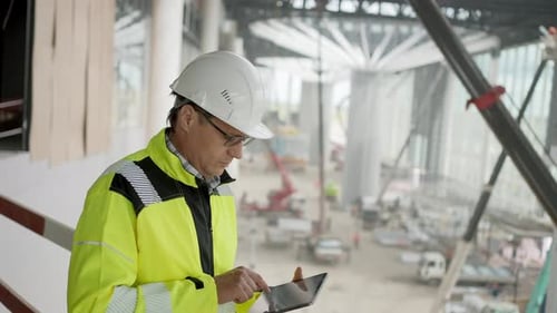 Construction Worker Indoors Engineer Man Architect Checking Building Construction Site Tablet