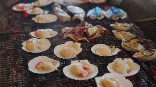 Scallops and Seafood on Seaside Grill Barbecue, Close up Shot 4k