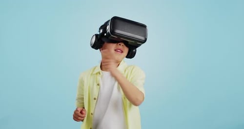 Glasses, virtual reality and child in metaverse, 3d games or futuristic technology for school