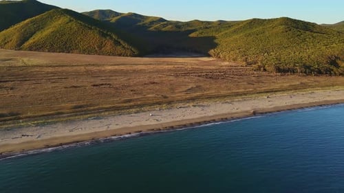 Aerial View of a Lake with Mountainous Backdrop and Grassy Shores