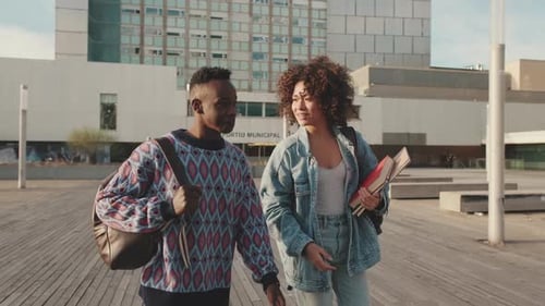 Guy and girl students are walking down the street and talking