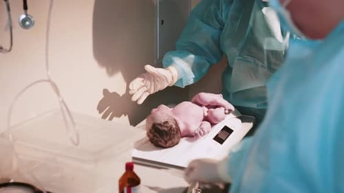 Newborn Baby in Hospital Maternity Professional Pediatrician Doctor Examines a