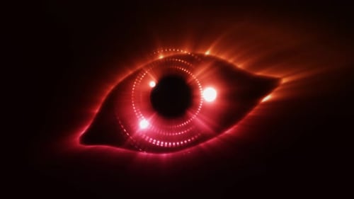 Glowing eye, robot eye, biometric recognition concept, technology, computer vision and security