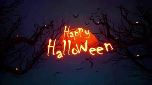 Spooky Halloween Night Title with Flying Bats and Glowing Text