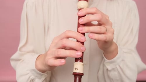 Hands playing a wooden recorder on a pink background. Close-up photography. Musical instrument and c