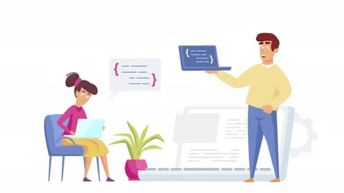Flat Design Animation of People Coding with Laptops