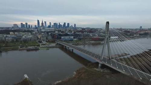 Aerial Panorama of Warsaw Poland with Swietokrzyski Bridge Over the Vistual River