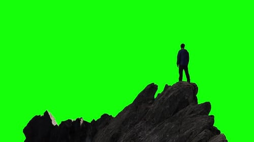 Adventure Man Hiker Standing on Top of Mountain Peak Composite Cutout with Green Screen