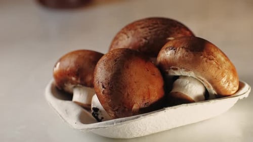 Fresh Champignon Mushrooms Big Portobello Macro Side View Background Chef Man Hold Supermarket Food