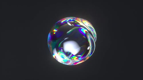 Transparent iridescent sphere with smooth surface ripples and dynamic light reflections.