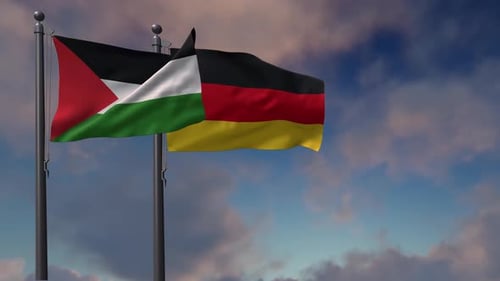 Palestine and Germany Flags Waving Together on Flagpoles