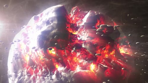 Dead planet with hot lava magma and asteroids