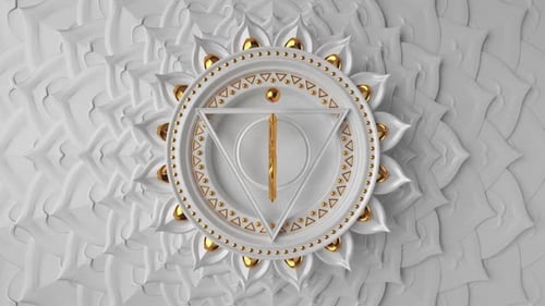 Símbolo 3D do chakra raiz girando sobre fundo branco.