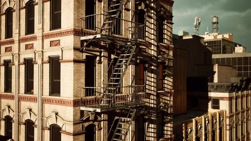 Un edificio alto con una escalera de incendios al lado