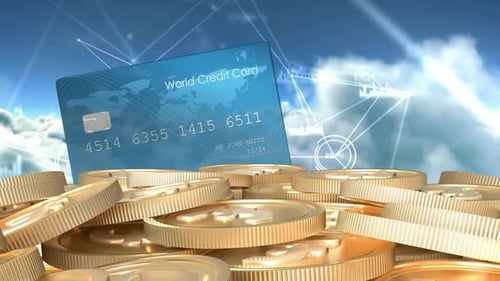 Animation of credit card over network of connections and stack of euro coins
