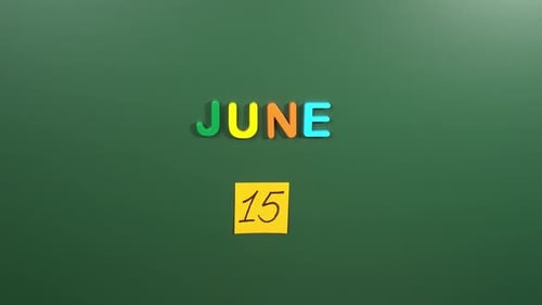 Hand sticking a sticker 15 June calendar day on school board. 15 date of June. Fifteenth day