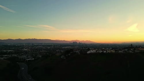 Sunset view of Los Angeles captured by a drone