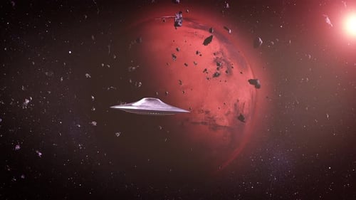Ufo saucer heading mars with asteroids