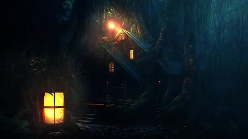 La lluvia cae sobre la cabaña del árbol en la selva