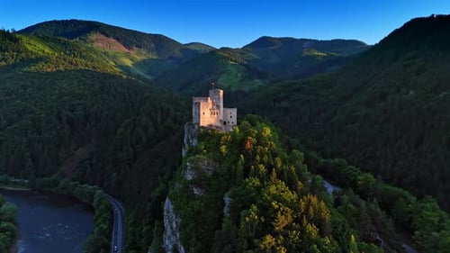 Beautiful medieval Strecno Castle on the mountain top.