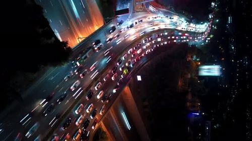 Fly Above Night Car Traffic in City Road at Top View Time Lapse Vertical Video