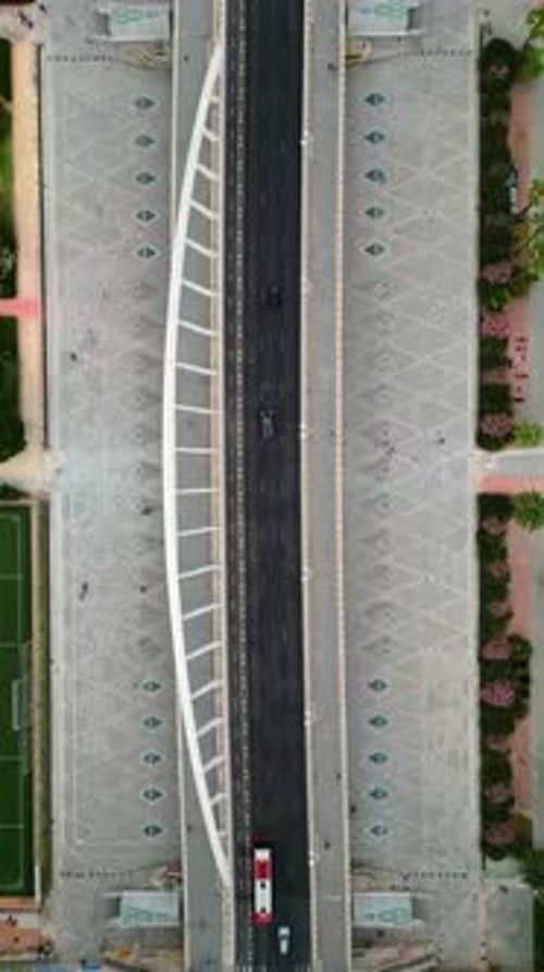 Cars and public transportation moving on the Exhibition Bridge in Valencia, Spain. Vertical