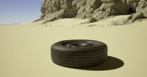Tire Resting on Desert Sand Near Rocky Formations Under Bright Sky