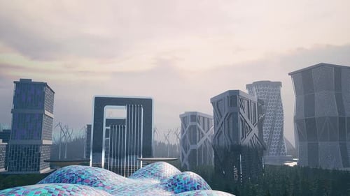 Cluster of Tall Buildings in Futuristic City