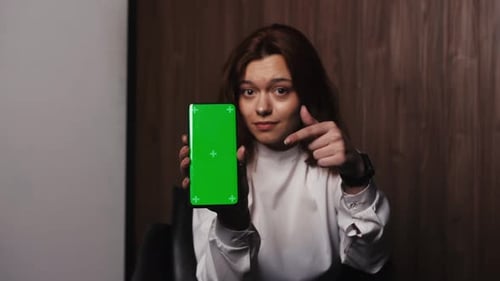 Developer Woman Hold Smartphone with Green Screen Chroma Key Show Thumb Up Mock Up Recommend Good