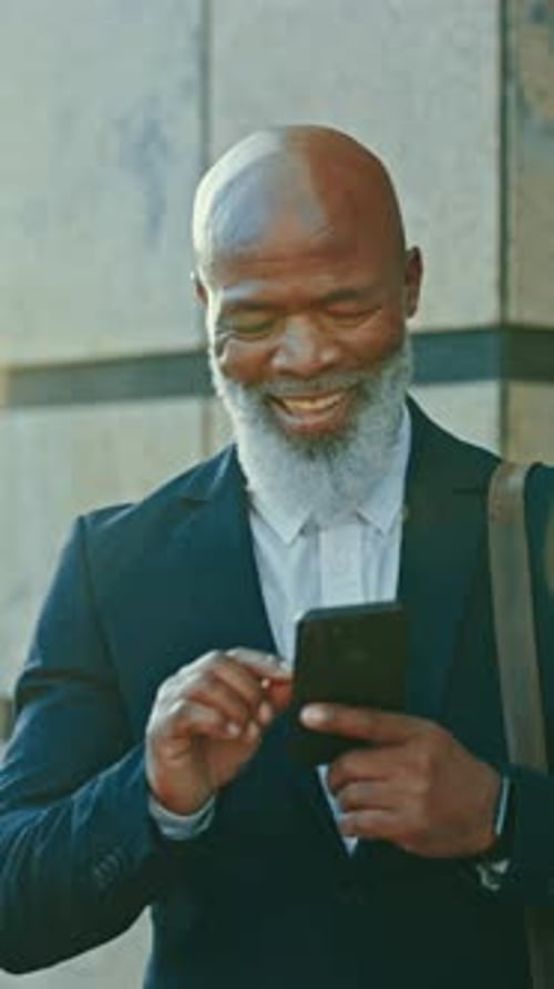 Happy, businessman and reading phone or walking outdoor in city, cbd and morning communication