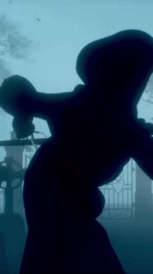 Muerte con una guadaña, Grim Reaper, con ojos rojos ardientes en un cementerio en la niebla, cosechando.