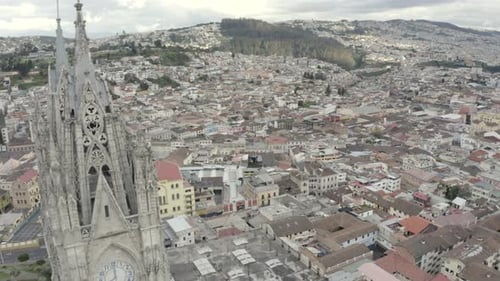 Drone shot of part of La Basilica del Voto Nacional located in the city of Quito, Ecuador during qua