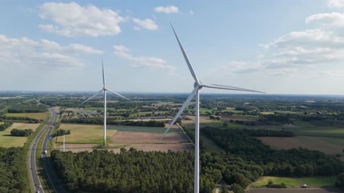 Aerial Drone Footage of Wind Turbines in Countryside Landscape, The Netherlands