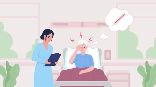 Nurse Cares for Elderly Patient with Fever in Flat Design Animation
