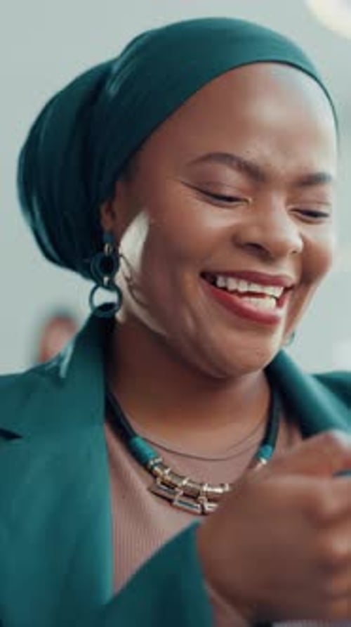 Business, woman and typing with phone in office for research, social media and funny chat